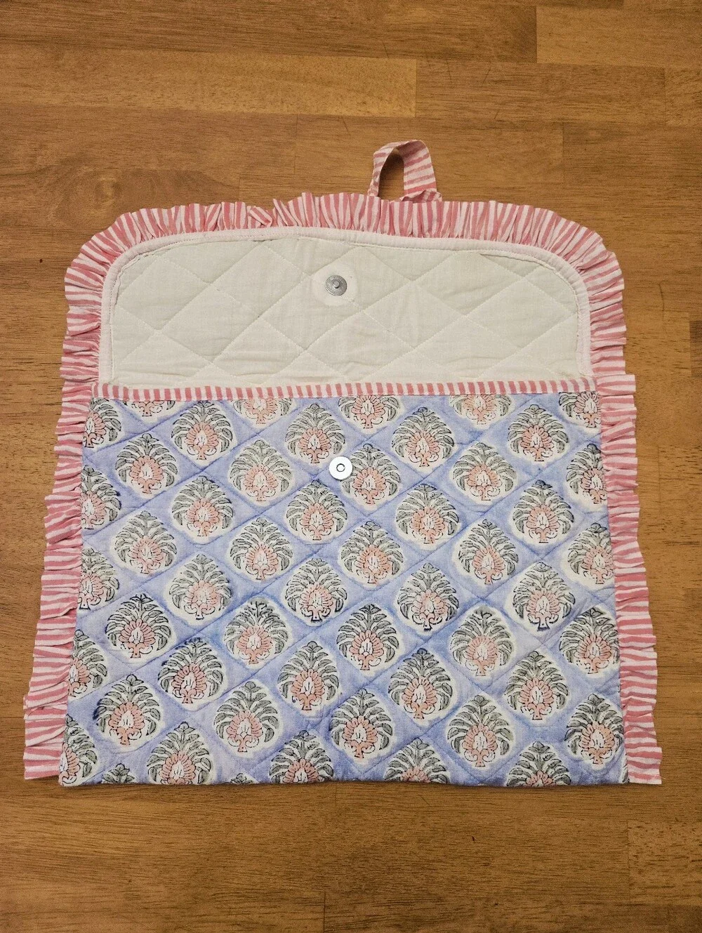 Blue and Pink Floral Quilted Laptop Cover with Ruffle Tie